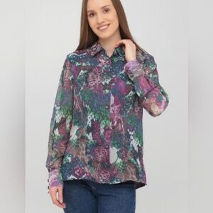 J. Peterman Blouse Snake Print Sheet Lined Long Sleeve Button Up Split Hem Sz 8.